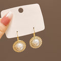 Gold Pearl Leverback Earrings Black Braided Rim Crystal Halo view 2
