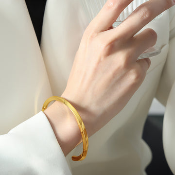 Gold Twisted Open Cuff Bangle Bracelet Smooth Finish