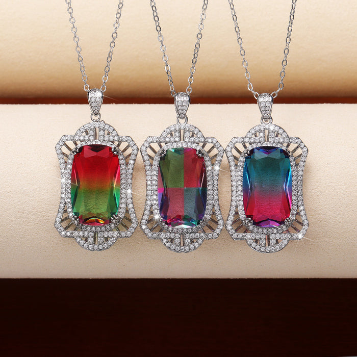 Gradient Rectangular Stone Scalloped Frame Pendant Necklace