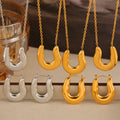 U-Shape Horseshoe Pendant Necklace And Hoop Earrings Gold Steel view 2