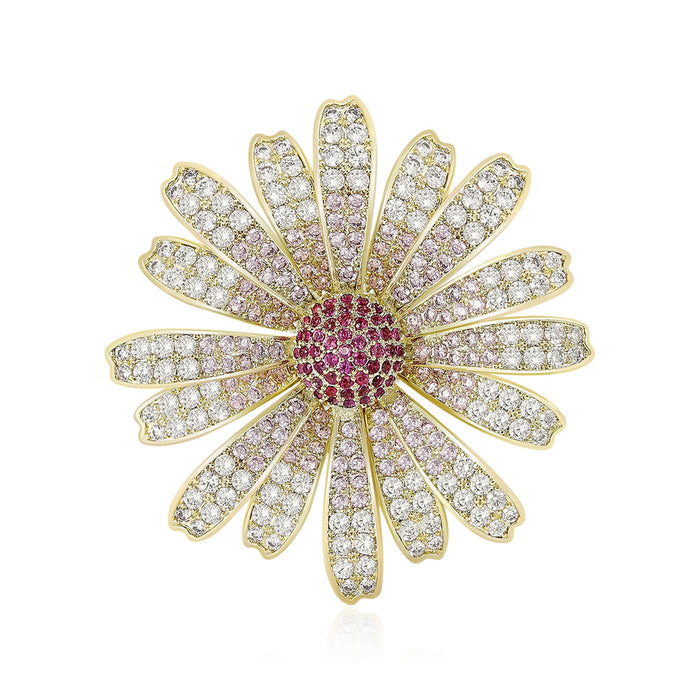 Gold Daisy Zircon Brooch White Purple Center Two Colors