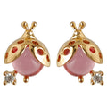 Gold Mini Ladybug Stud Earrings Pink Body Clear Stone Accent view 5