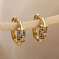 Gold Tone Rainbow Stone Rectangular Hoop Earrings Polished Metal Jewelry view 1