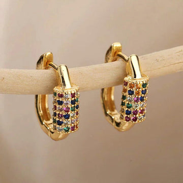 Gold Tone Rainbow Stone Rectangular Hoop Earrings Polished Metal Jewelry