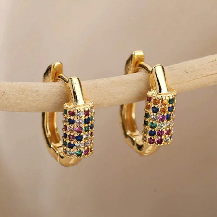 Gold Tone Rainbow Stone Rectangular Hoop Earrings Polished Metal Jewelry