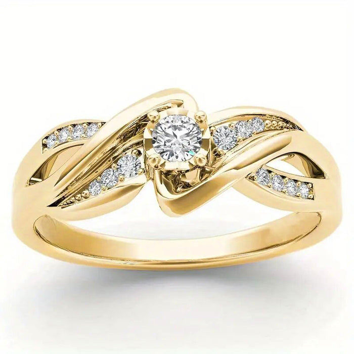 Round Clear Solitaire Interwoven Leaf Ring In Polished Gold Tone
