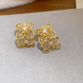 Crystal Flower C Shape Stud Earrings with Polished Metal Tone Details view 6