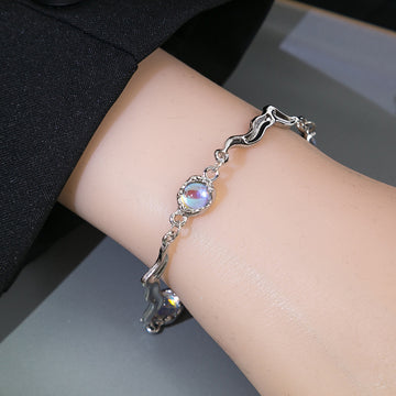 Opalescent Look Oval Irregular Link Silver Tone Bracelet