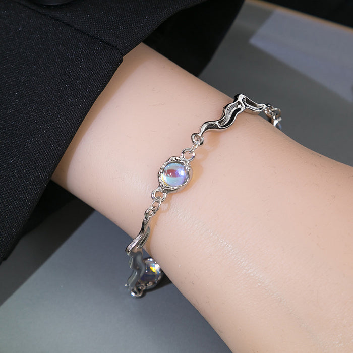 Opalescent Look Oval Irregular Link Silver Tone Bracelet