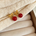 Red Horse and Pearl Bow Stud Earrings With Polished Metal Details view 6
