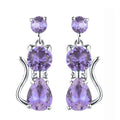 Silver Tone Cat Dangle Earrings Colored Stones 9 Colors view 1