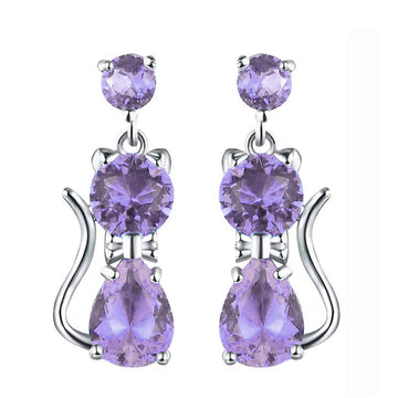 Silver Tone Cat Dangle Earrings Colored Stones 9 Colors