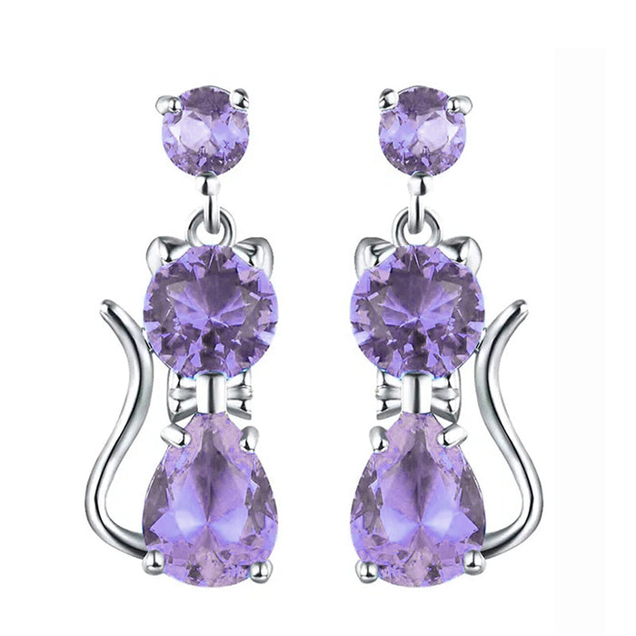 Silver Tone Cat Dangle Earrings Colored Stones 9 Colors