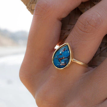 Gold Tone Teardrop Blue Turquoise Look Cabochon Ring
