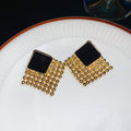 Black Square and Gold Tone Beaded Fringe Stud Earrings view 6