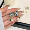 Purple and Blue Rose Pearl Look Dangle Stud Earrings view 4