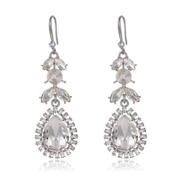 Silver Tone Crystal Leaf Teardrop Openwork Crystal Four Designs Metal Dangle Earrings