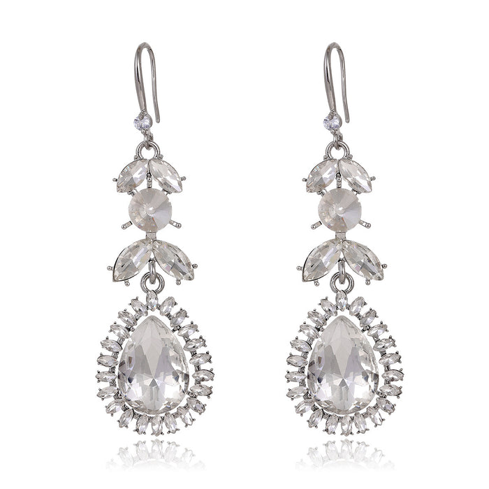 Silver Tone Crystal Leaf Teardrop Openwork Crystal Four Designs Metal Dangle Earrings