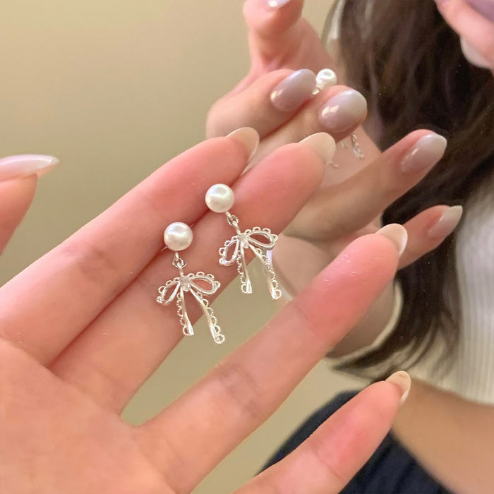 Pearl Bow Stud Earrings with Delicate Short Chain Tassels