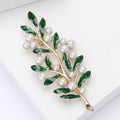 Green Enamel Leaf Branch Brooch with White Faux Pearls view 3