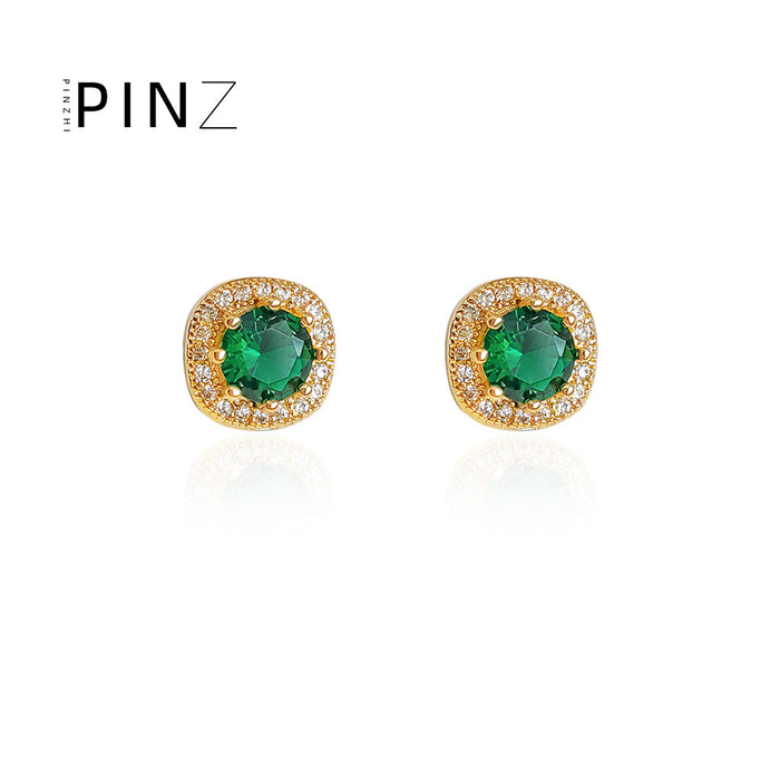 Emerald Green Round Halo Stud Earrings Silver Gold Options