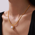 Gold Snake Chain Necklace Round Bezel Pendant Tiger Eye Or Pearl view 3