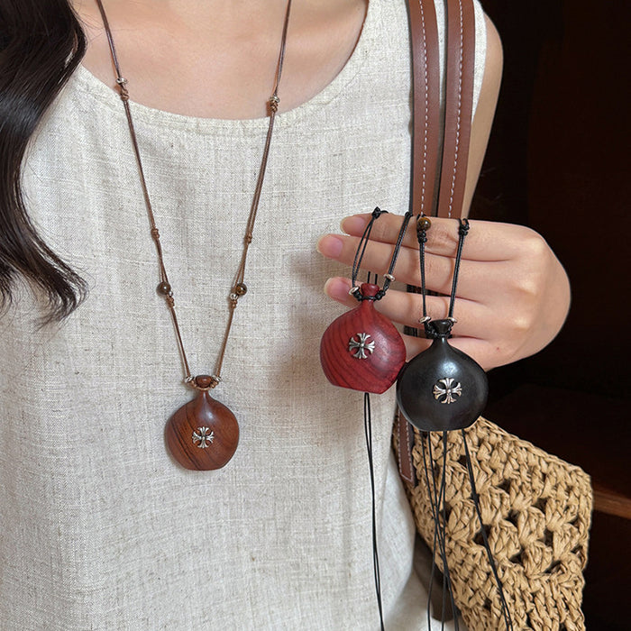 Brown Wood Flower Inlay Pendant Cord Necklace - One Style