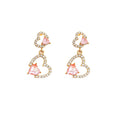 Gold Double Heart Pink Accent Long Dangle Stud Earrings view 5