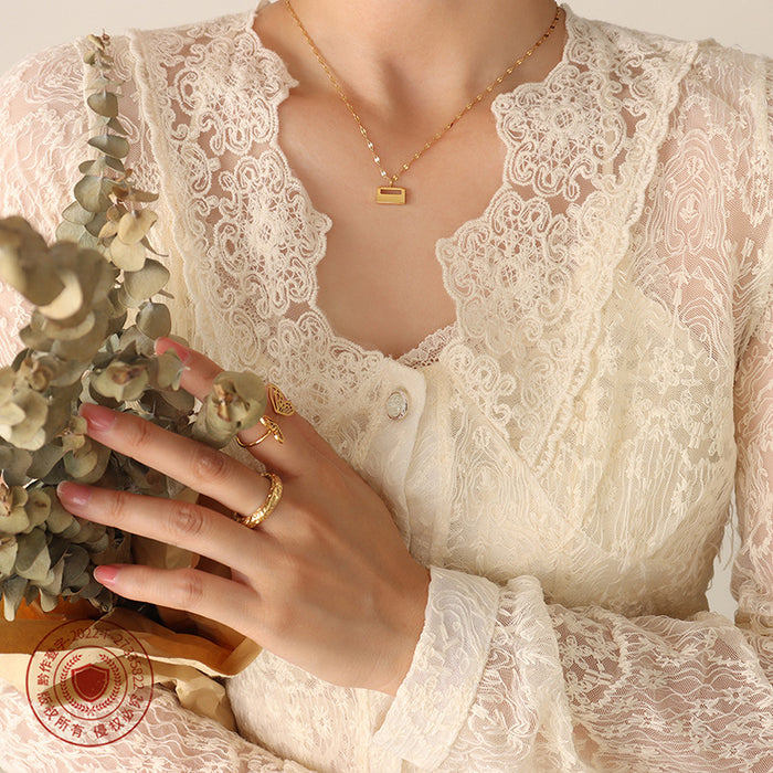 Gold Rectangular Lock Pendant Necklace Twisted Link Chain