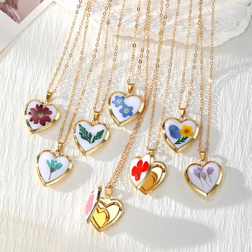 Gold Heart Locket Necklace Pressed Flower Photo Case 8 Styles