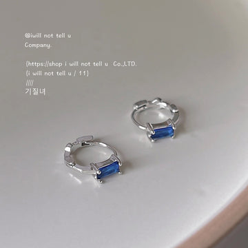 Silver Mini Huggie Hoop Earrings Blue Baguette Crystal