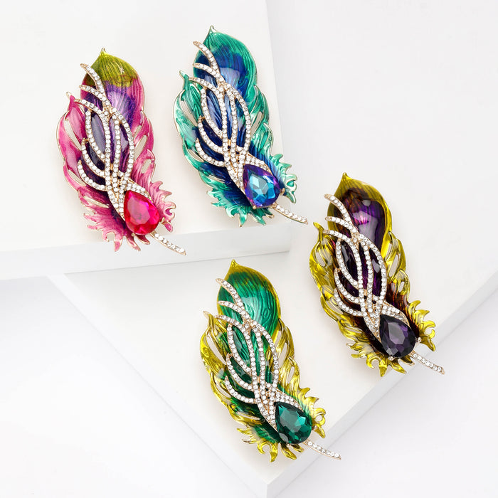 Enamel Peacock Feather Brooch Rhinestone Teardrop Four Colors