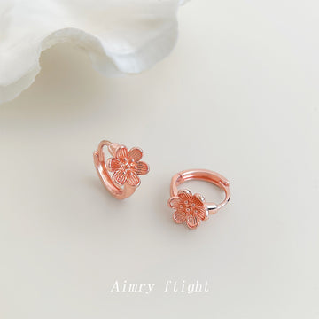 Rose Gold Mini Huggie Hoop Peach Blossom Flower Pair