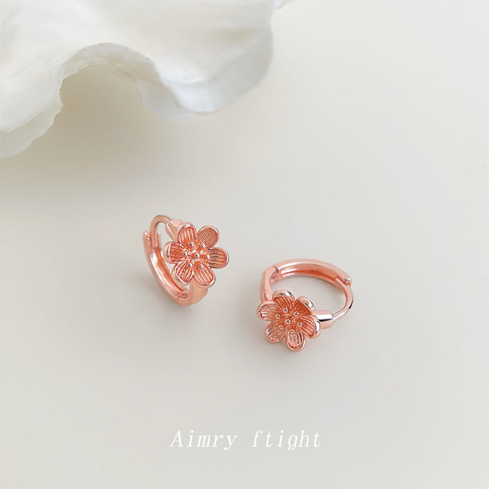 Rose Gold Mini Huggie Hoop Peach Blossom Flower Pair