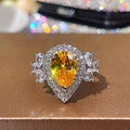 Silver Yellow Pear Halo Flower Cubic Zirconia Cocktail Ring view 2