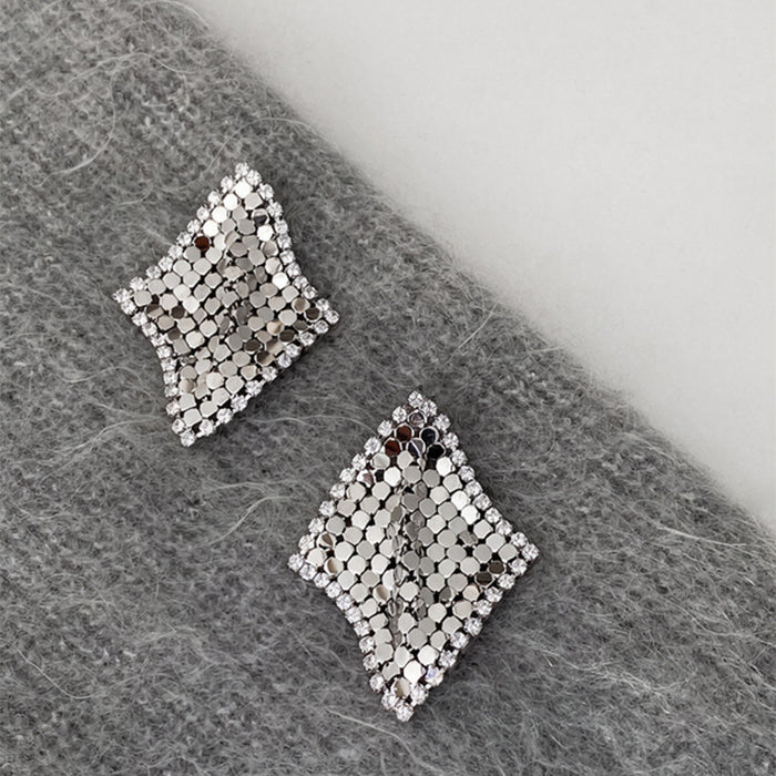 Open Center Crystal Mesh Diamond Stud Earrings in Two Finishes