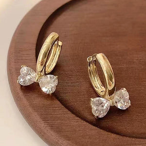 Heart Bow Crystal Huggie Hoop Earrings Gold Silver Clear Pink