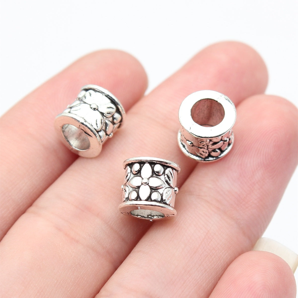 8.4x8.4x8.4mm 1.65g Antique Silver Zinc Alloy Carved Round Large Hole Spacer Beads for DIY Bracelet Making
