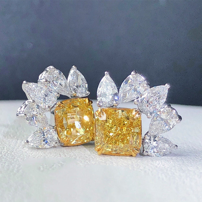 Yellow Cushion Center Clear Pear Accent Stud Earrings