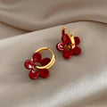 Red Flower and Gold Tone Huggie Drop Earrings with Detailed Finish view 6