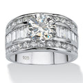 White Gold Round Center Three Row Baguette Band Ring 925 view 1