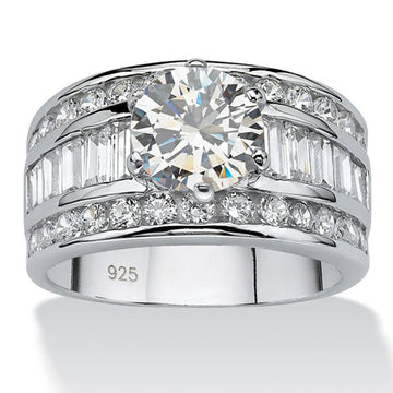 White Gold Round Center Three Row Baguette Band Ring 925