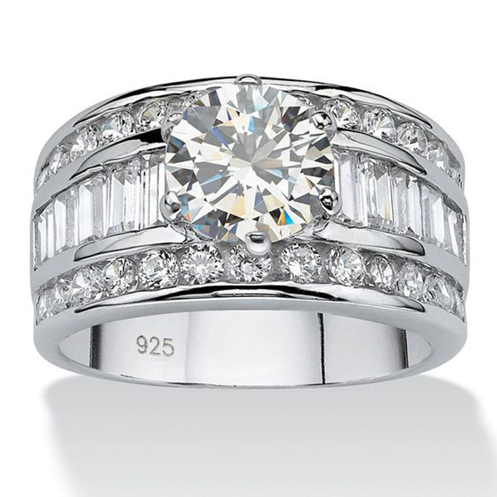 White Gold Round Center Three Row Baguette Band Ring 925