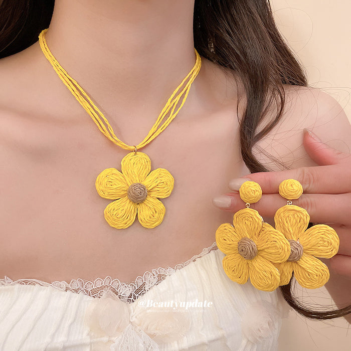 Yellow Raffia Flower Drop Earrings Multi-Cord Pendant Necklace