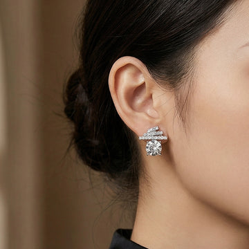 Clear Round Stone and Stacked Bar Silver Stud Earrings