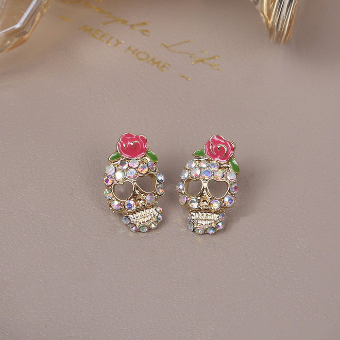 Gold Tone Rose Crown Skull Clear Stone Small Stud Earrings