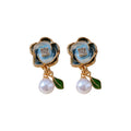 Blue Rose Floral Stud Earrings with Round Faux Pearl Drop view 5