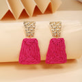 Gold Basketweave Stud Raffia Trapezoid Drop Earrings Magenta view 6