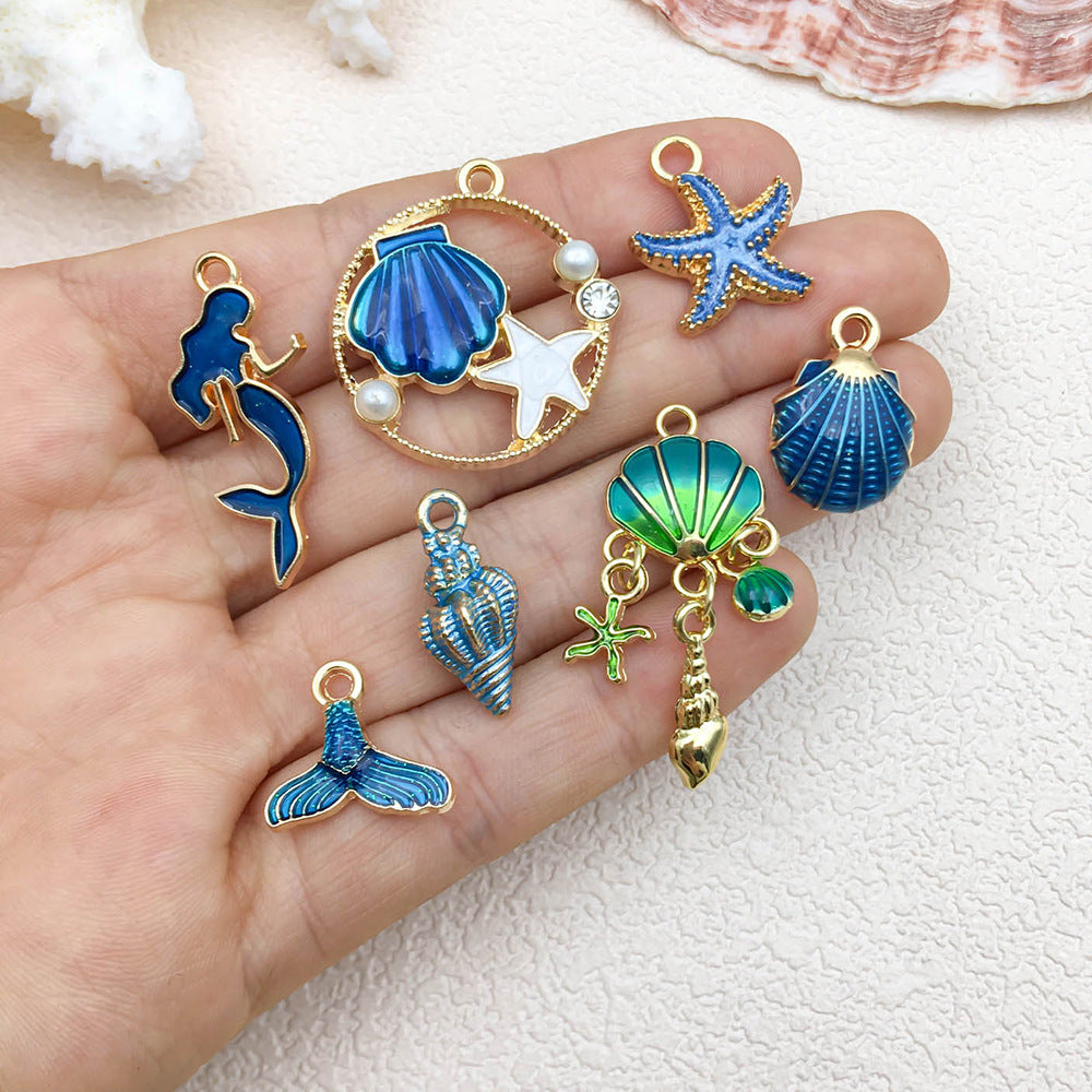 Blue Enamel Zinc Alloy Mermaid Shell Starfish Conch Charm Pendant for DIY Ocean Jewelry