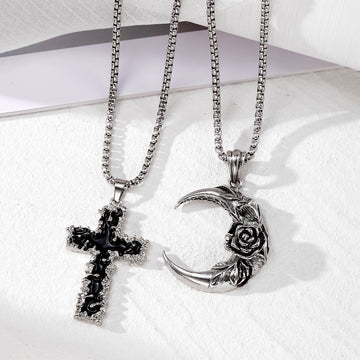 Silver Tone Gothic Cross and Crescent Rose Pendant Necklaces